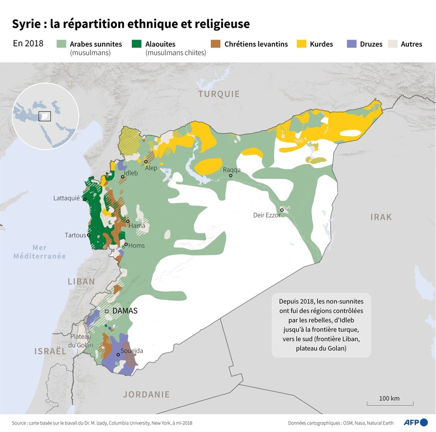 Carte de Syrie montrant la répartition confessionnelle et ethnique en Syrie en 2018, sur la base des travaux du Dr. M. Izady (Columbia University) (Photo by AFP)