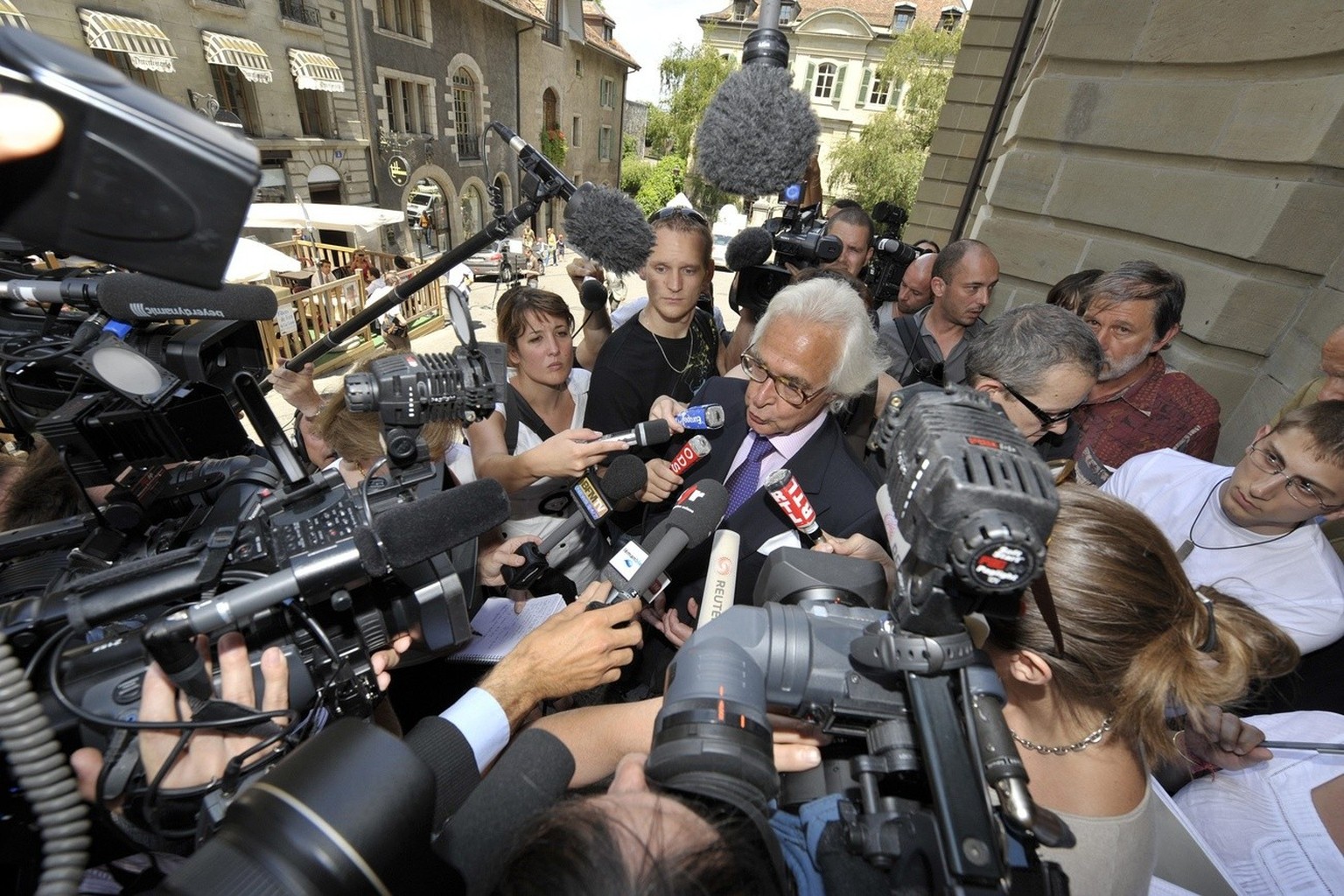 Marc Bonnant, lawyer of the civil part, briefs the journalists after the sentence of eight and a half years prison has been announced, on the last day of the trial of murdered French financier Edouard ...