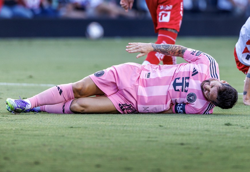 epa12280450 Inter Miami CF Forward Lionel Messi lies on the ground during the Leagues Cup 2025 soccer match between Inter Miami CF and Club Necaxa, in Fort Lauderdale, Florida, USA, 02 August 2025. EP ...