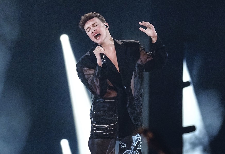 Remo Forrer of Switzerland performs during a dress rehearsel for the first semifinal at the Eurovision Song Contest at the M&amp;S Bank Arena in Liverpool, England, Monday, May 8, 2023. (AP Photo/Mart ...