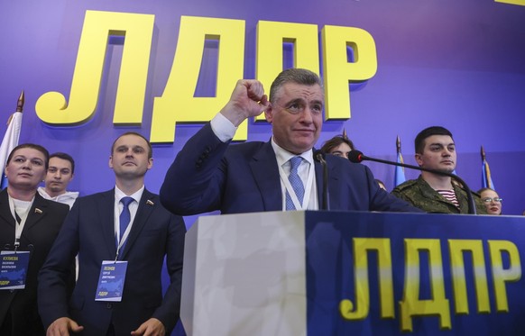 epa11037090 Liberal Democratic Party of Russia (LDPR) leader Leonid Slutsky celebrates during pre-elections congress of the Liberal Democratic Party of Russia (LDPR) in Moscow, Russia, 19 December 202 ...