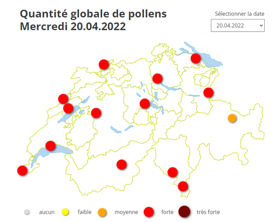 Prévisions polliniques en suisse pour le mercredi 20 avril 2022.