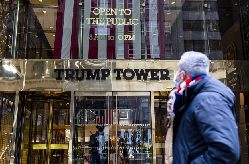epa09695323 A view of the main entrance to Trump Tower in New York, New York, USA, 19 January 2022. New York Attorney General Letitia James filed court papers on Tuesday night accusing former US Presi ...