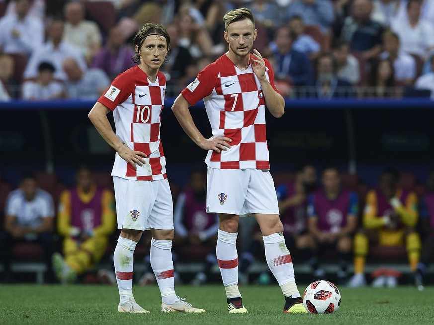 MOSCOW, RUSSIA - JULY 15: Ivan Rakitic and Luka Modric of Croatia during the 2018 FIFA World Cup Russia Final between France and Croatia at Luzhniki Stadium on July 15, 2018 in Moscow, Russia. (Photo  ...