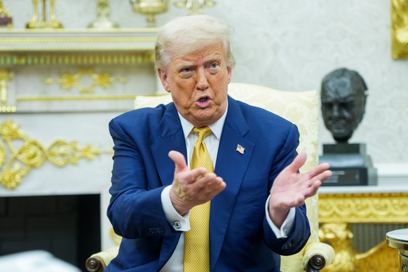 epa12241586 United States President Donald J. Trump gives remarks as he meets Bahrain&#039;s Prime Minister and Crown Prince Sheikh Salman bin Hamad al-Khalifa in the Oval Office of the White House in ...