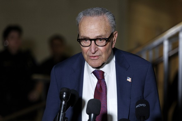 epa12790909 US Senate Minority Leader Chuck Schumer speaks to the media before a classified briefing with lawmakers at the US Capitol in Washington, DC, USA, 02 March 2026. Iranian Supreme Leader Ayat ...