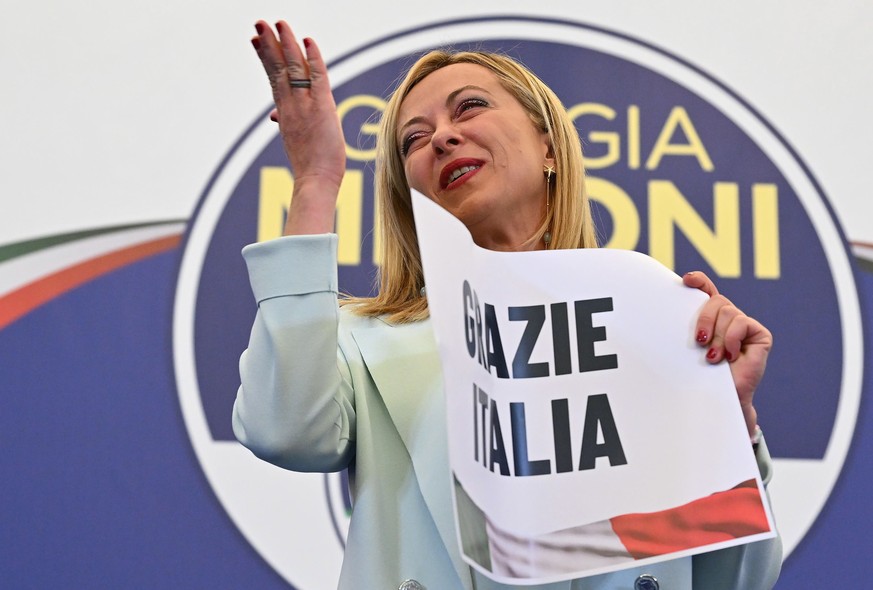 epa10206623 Giorgia Meloni at the headquarters of the Brothers of Italy (Fratelli d&#039;Italia) in Rome, Italy, 25 September 2022. Italy held a general snap election on 25 September following its pri ...