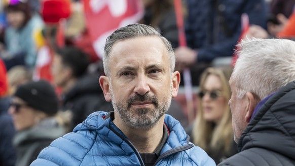 Frederic Favre, retiring member of the government of the canton of Valais, talks with people in the finish area during the men&#039;s Super-G race at the Alpine Skiing FIS Ski World Cup, in Crans-Mont ...