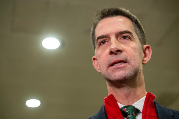 Sen. Tom Cotton, R-Ark., speaks to reporters following a classified briefing for top congressional lawmakers overseeing national security as they investigate how Defense Secretary Pete Hegseth handled ...