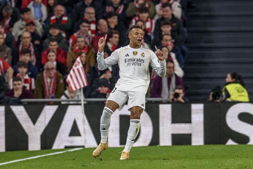 epa12567669 Real Madrid&#039;s Kylian Mbappe celebrates scoring the 0-3 goal during the Spanish LaLiga soccer match between Athletic Club and Real Madrid, in Bilbao, Spain, 03 December 2025. EPA/JAVIE ...