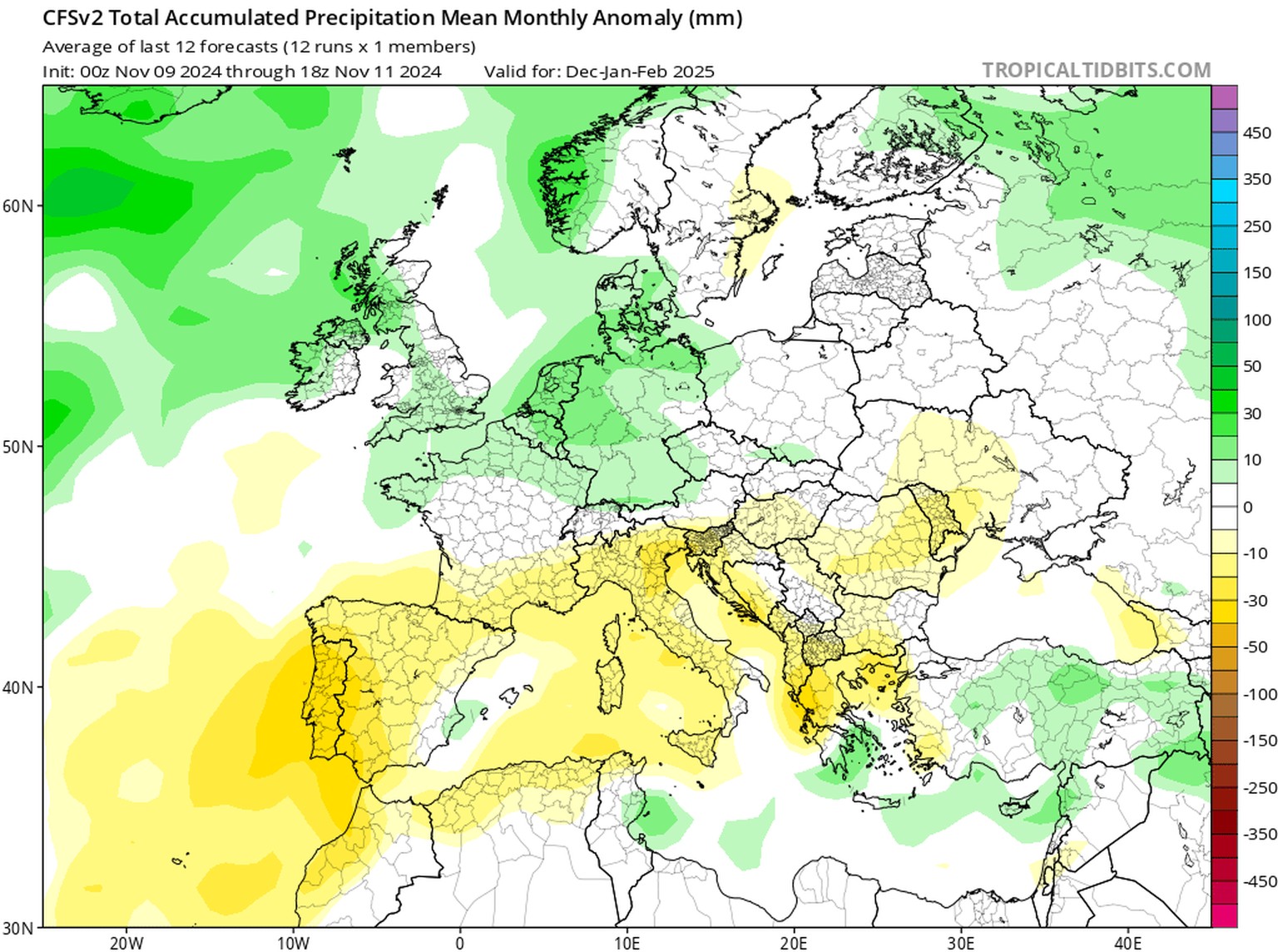 Abweichung der Niederschläge gegenüber dem langjährigen Mittel in Europa für die Monate Dezember, Januar und Februar (CFSv2, NOAA) 13. November 2024