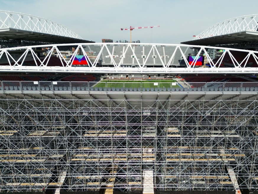 Temporary bleacher seating is installed at BMO Field in Toronto, Canada on March 24, 2026, ahead of the upcoming FIFA World Cup. BMO Field will host matches during the 2026 FIFA World Cup. (Photo by C ...