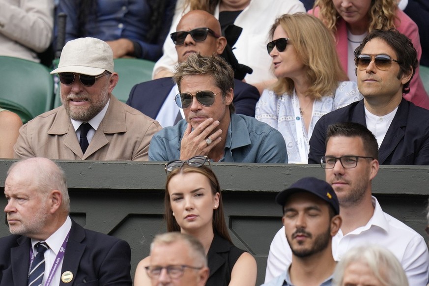 Actor Brad Pitt sits in the stands on Centre Court for the final of the men&#039;s singles between Spain&#039;s Carlos Alcaraz and Serbia&#039;s Novak Djokovic on day fourteen of the Wimbledon tennis  ...