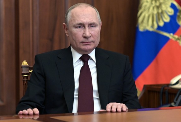 FILE - Russian President Vladimir Putin addresses the nation in the Kremlin in Moscow, Russia, Feb. 21, 2022. Putin ordered Russian nuclear deterrent forces put on high alert Sunday, Feb. 27, amid ten ...