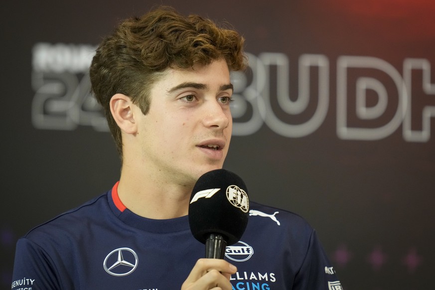 FILE - Williams driver Franco Colapinto of Argentina attends a news conference ahead of the Formula One Abu Dhabi Grand Prix, at the Yas Marina Circuit in Abu Dhabi, UAE, Thursday, Dec. 5, 2024. (AP P ...