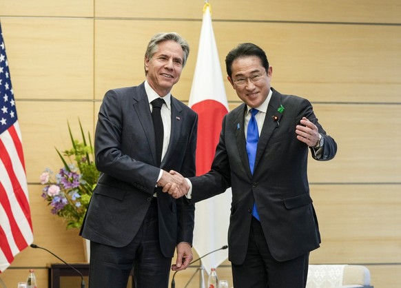 U.S. Secretary of State Antony Blinken, left, meets Japanese Prime Minister Fumio Kishida at the latter&#039;s official residence in Tokyo, Japan, Tuesday, April 18, 2023 after Blinken attended the G7 ...