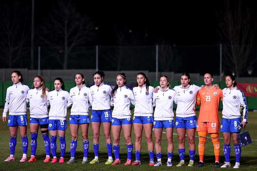 BUDAORS, HUNGARY - MARCH 03: The Israel team lines up for the national anthem prior to the 2027 FIFA Women's World Cup Qualifier between Israel and Belgium at BSC Stadium on March 03, 2026 in Bud ...