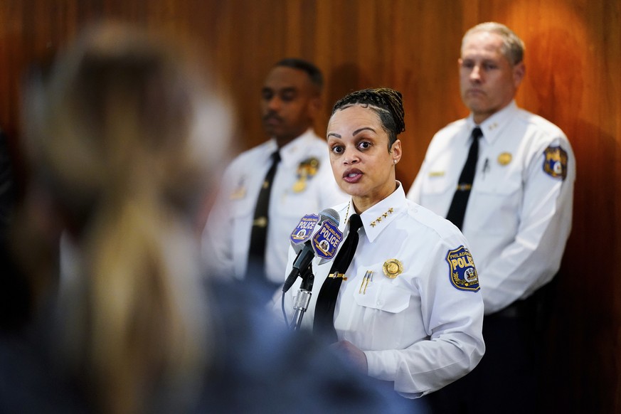 Philadelphia Police Commissioner Danielle Outlaw speaks with members of the media during a news conference in Philadelphia, Tuesday, March 8, 2022. Outlaw announced she plans to suspend and fire the p ...