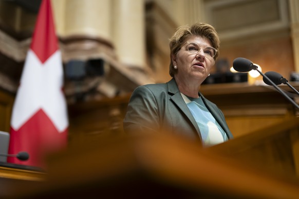 Bundespraesidentin Viola Amherd spricht waehrend der Herbstsession der Eidgenoessischen Raete, am Donnerstag, 19. September 2024 im Nationalrat in Bern. (KEYSTONE/Anthony Anex)
