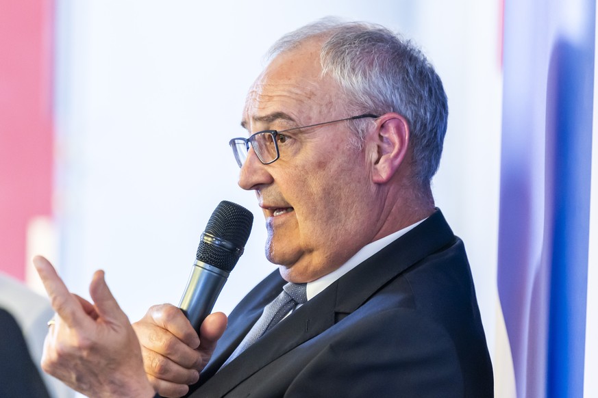 Swiss President Guy Parmelin speaks to the media, during a press conference at the Geneva Press Club, in Geneva, Switzerland, Friday, May 29, 2026. (KEYSTONE/Salvatore Di Nolfi)