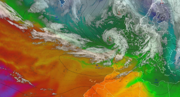 Une image satellite prise jeudi 30 mars par MeteoSuisse dans l'après-midi, qui montre le minimum dépressionnaire situé au sud-ouest de l'Irlande.