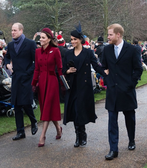 KING&#039;S LYNN, ENGLAND - DECEMBER 25: Prince William, Duke of Cambridge, Catherine, Duchess of Cambridge, Meghan, Duchess of Sussex and Prince Harry, Duke of Sussex attend Christmas Day Church serv ...