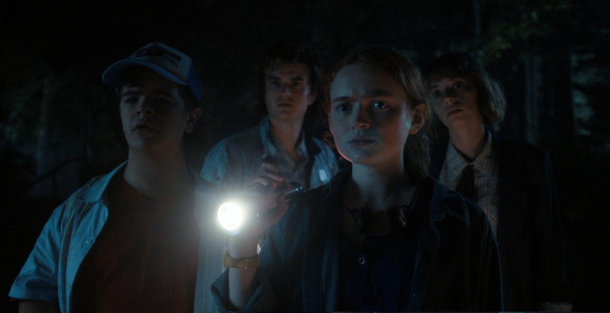 STRANGER THINGS. (L to R) Gaten Matarazzo as Dustin Henderson, Joe Keery as Steve Harrington, Sadie Sink as Max Mayfield, and Maya Hawke as Robin Buckley in STRANGER THINGS. Cr. Courtesy of Netflix ©  ...