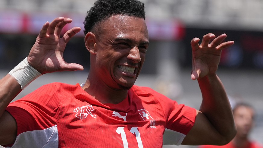 Switzerland forward Dan Ndoye celebrates his goal during the first half of an international friendly soccer game against Australia Saturday, June 6, 2026, in San Diego. (AP Photo/Gregory Bull)
Dan Ndo ...