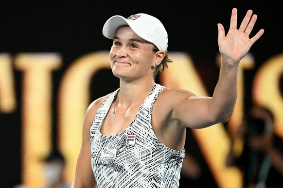 epa09711879 Ashleigh Barty of Australia gestures to the crowd after winning her Women&#039;s singles semifinal against Madison Keys of the USA at the Australian Open Grand Slam tennis tournament at Me ...