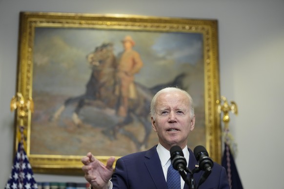 President Joe Biden speaks in the Roosevelt Room of the White House, Sunday, May 28, 2023, in Washington. Biden and House Speaker Kevin McCarthy reached a final agreement Sunday on a deal to raise the ...