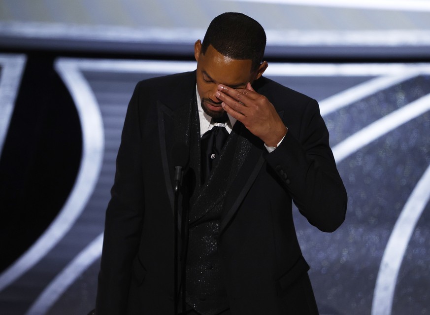 epa09854874 US actor Will Smith reacts as he speaks after winning the Oscar for Best Actor for &#039;King Richard&#039; during the 94th annual Academy Awards ceremony at the Dolby Theatre in Hollywood ...