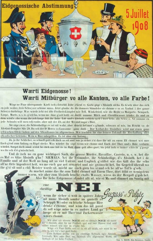 Affiche satirique d'Albert Gantner contre l'interdiction de l'absinthe en Suisse, tirée de la revue «Guguss», 1908. Le texte met en garde contre une interdiction qui pourrait finir par toucher les alc ...