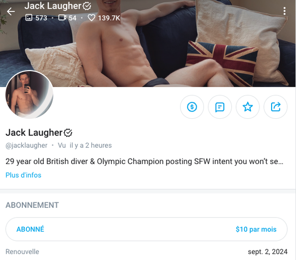 La page d&#039;accueil du compte OnlyFans de Jack Laugher.