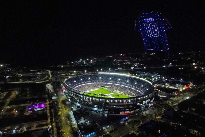 BUENOS AIRES, ARGENTINA - OCTOBER 6: A drone show form the jersey of Lionel Messi of Argentina after the International Friendly match between Argentina and Benin at Estadio Monumental Antonio V. Liber ...