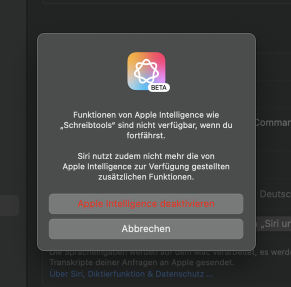 Apple Intelligence auf dem Mac deaktivieren. &amp;gt; System-Einstellungen &amp;gt; Apple Intelligence &amp;amp; Siri