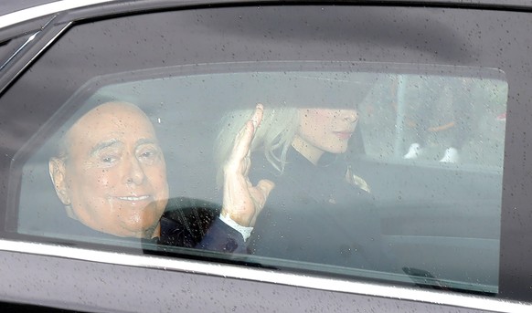 epa10638503 Silvio Berlusconi leaves the San Raffaele hospital after a 45-day of hospitalization, in Milan, northern Italy, 19 May 2023. The 86-year-old media magnate and ex-premier was admitted to ho ...