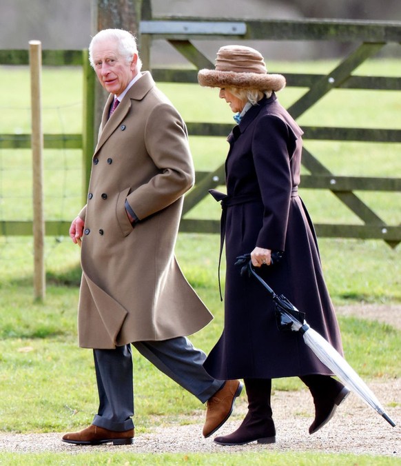 SANDRINGHAM, UNITED KINGDOM - FEBRUARY 04: (EMBARGOED FOR PUBLICATION IN UK NEWSPAPERS UNTIL 24 HOURS AFTER CREATE DATE AND TIME) King Charles III and Queen Camilla attend the Sunday service at the Ch ...