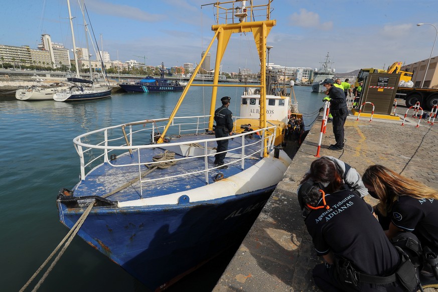 epa09104905 View of the supply ship 'Albatros Guard' docked at the port in Las Palmas, Gran Canaria Island, Spain, 29 March 2021. The three crew members were arrested and the drug was seized ...