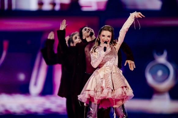 epa12104349 Luxembourg&#039;s Laura Thorn performs the song &#039;La poupee monte le son&#039; during the show of the second semi-final at the 69th Eurovision Song Contest in Basel, Switzerland, 15 Ma ...