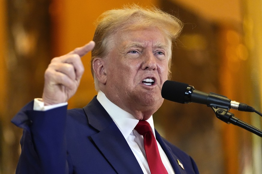 FILE - Former President Donald Trump speaks during a news conference at Trump Tower, May 31, 2024, in New York. Manhattan prosecutors urged a judge Wednesday to keep Donald Trump?s gag order in place  ...