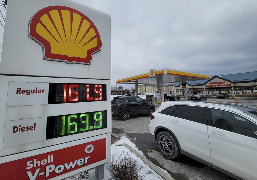 Gas prices are shown per litre at a Newcastle, Ontario, Shell gasoline station on Saturday Feb. 26, 2022. Canadians can expect to pay more at the pump as Russia&#039;s attack on Ukraine puts even grea ...