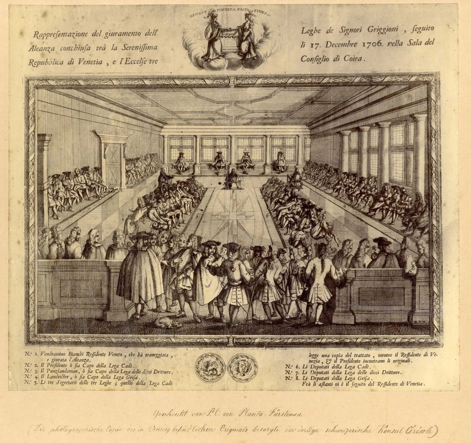 Conclusion de l’alliance des Trois Ligues avec la république de Venise à Coire, en 1706. Thomas Massner joua un rôle déterminant dans la formation de cette alliance.
https://raetischesmuseum.gr.ch/de/ ...