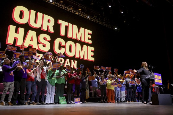 epa12452207 New York Attorney General Letitia James speaks during the &#039;Our Time Has Come&#039; rally hosted by Democratic nominee for mayor of New York City Zohran Mamdani at the United Palace in ...