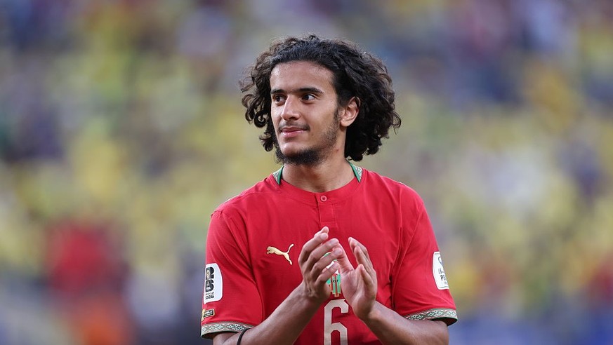 EAST RUTHERFORD, NEW JERSEY - JUNE 13: Morocco's Ayyoub Bouaddi applauds the fans at the final whistle during the FIFA World Cup 2026 Group C match between Brazil and Morocco at New York New Jers ...
