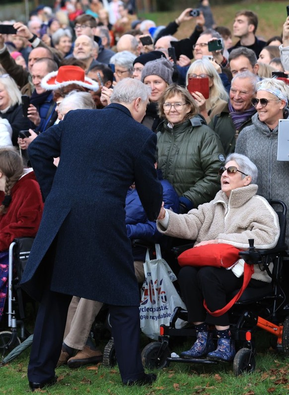 SANDRINGHAM, NORFOLK - DECEMBER 25: Prince Andrew, Duke of York greets well-wishers after attending the Christmas Morning Service at Sandringham Church on December 25, 2023 in Sandringham, Norfolk. (P ...