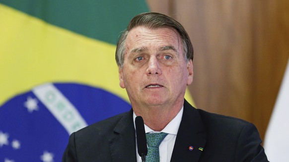 FILE - Brazil&#039;s President Jair Bolsonaro speaks during a joint press conference Paraguay&#039;s president at the Planalto Palace in Brasilia, Brazil, Nov. 24, 2021. Bolsonaro was taken to a Sao P ...