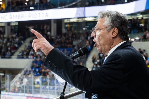 Ambri&#039;s president Filippo Lombardi, during the match of National League Swiss Championship 2021/22 between HC Ambri Piotta and HC Fribourg-Gotteron at the ice stadium Gottardo Arena, Switzerland, ...