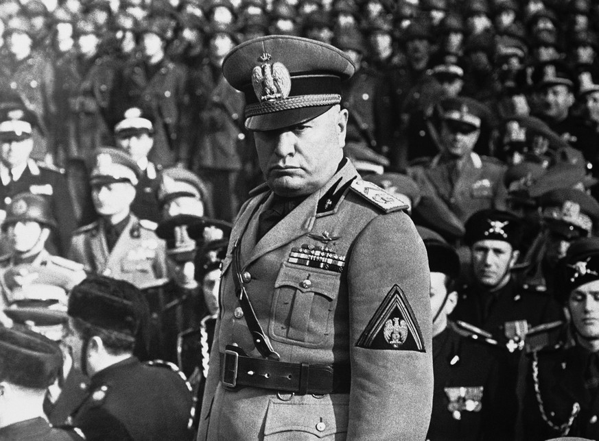 Italian Dictator Benito Mussolini when he attended the ceremony celebrating the 12 anniversary of the foundation of the Musketeers, his personal bodyguard in Rome on Feb. 17, 1943. (KEYSTONE/AP Photo)