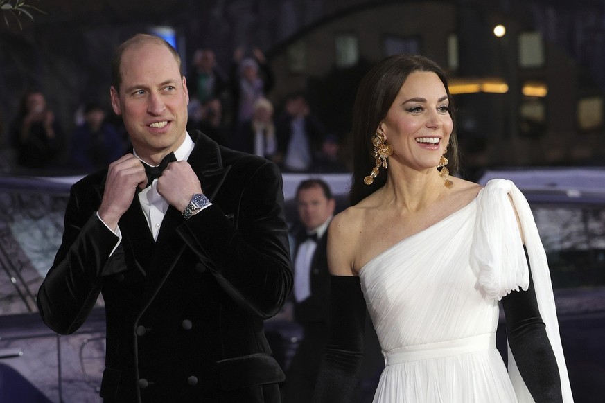 Britain&#039;s Prince William, left and Kate, the Princess of Wales arrive to attend the BAFTA Film Awards 2023, at The Royal Festival Hall, in London, Sunday, Feb. 19, 2023. (Chris Jackson/Pool Photo ...