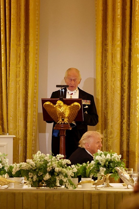 WASHINGTON, DC - APRIL 28: (EDITOR’S NOTE: Retransmission with alternate crop.) King Charles III makes remarks in the East Room during an official state dinner at The White House on day two of the Sta ...